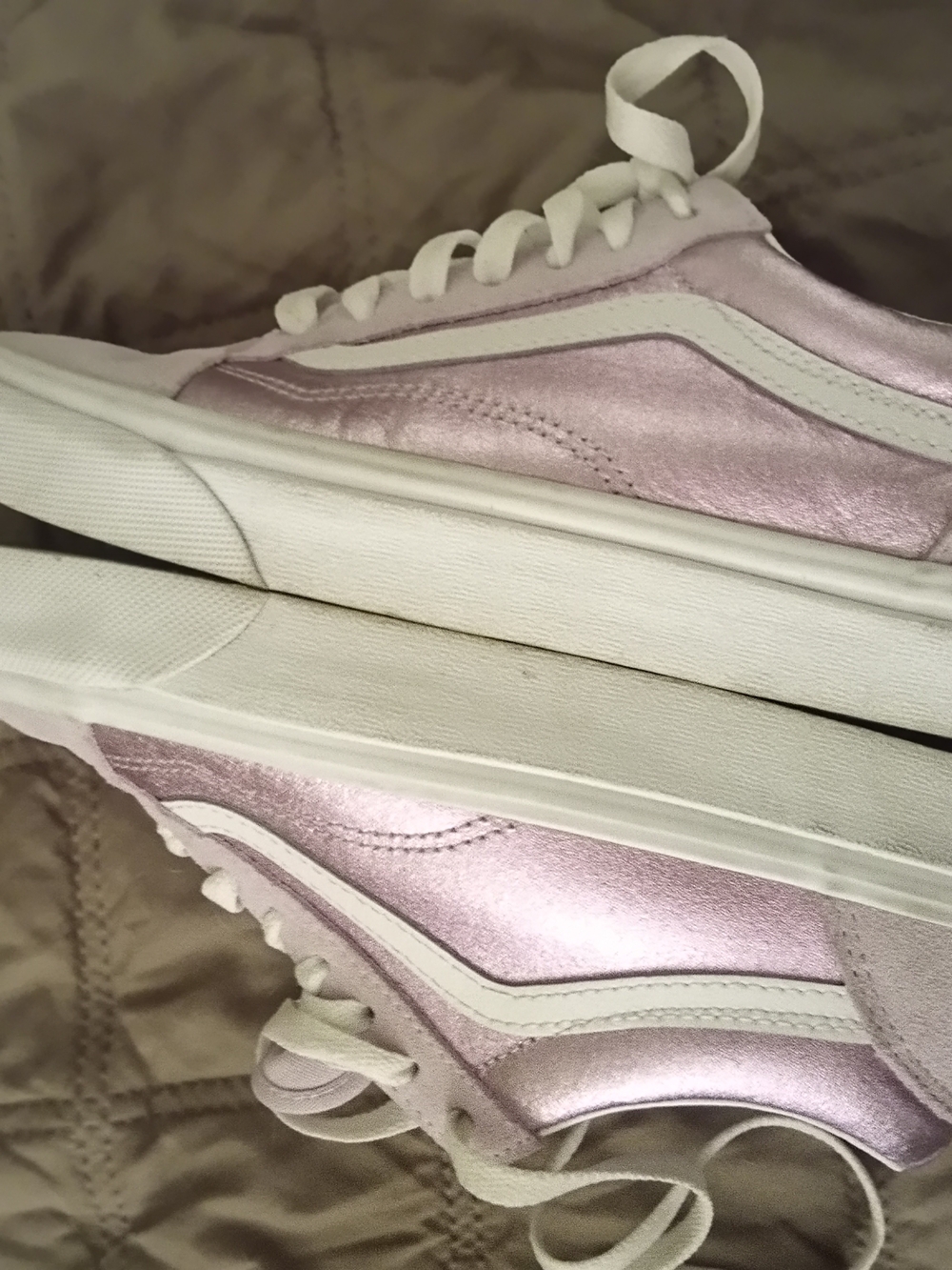 Vans Metallic Light Pink and White Low-Top Sneakers